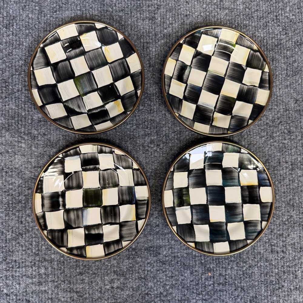 MacKenzie Childs Courtly Check Enamel Appetizer Plates Set Of 4 Dessert Party
